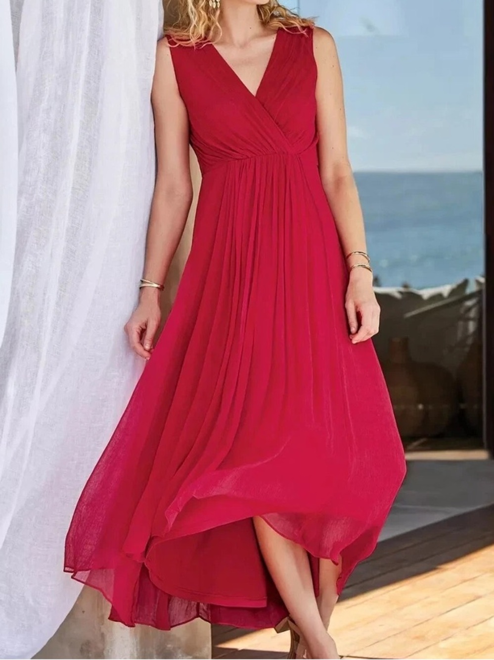 Soft Surroundings Charmonte Red Crinkle-Chiffon V-Neck Dress